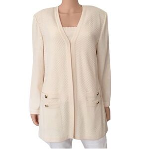 St. John Collection Cream Knit Blazer Jacket Gold Button Pockets Size 14